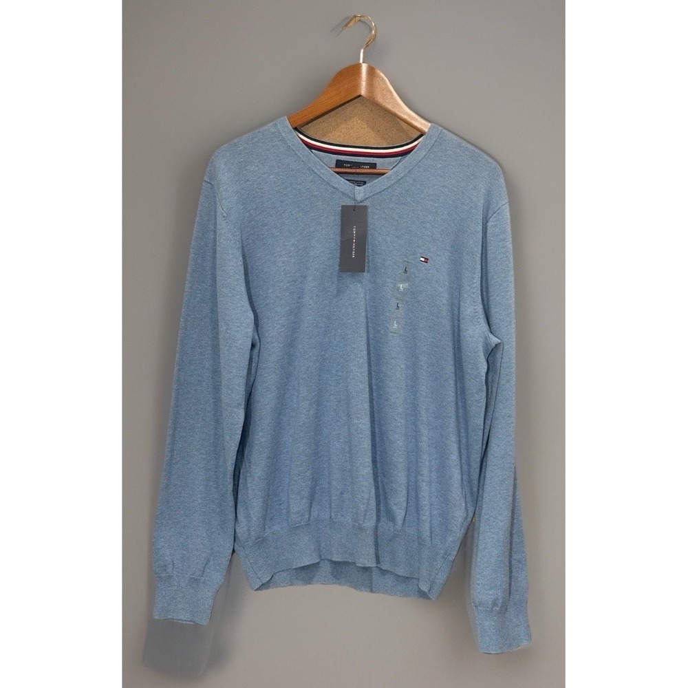 Tommy Hilfiger Mens Large 100% Cotton Sweater Pullover V-Neck Powder Blue NEW